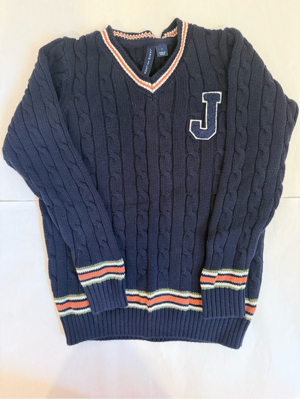 Janie and Jack Navy Cable-Knit V-Neck Sweater with Multicolor Stripe Trim